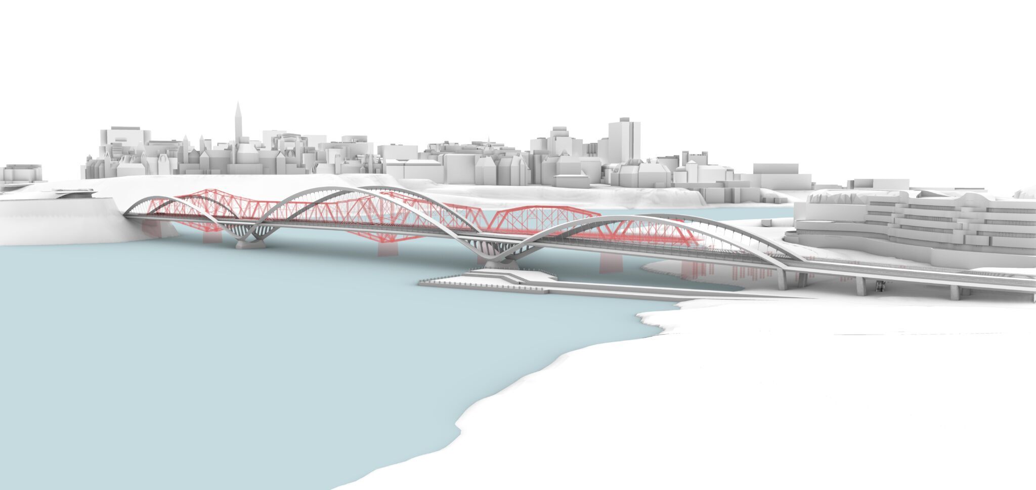 Simulation du concept préféré en superposition du pont actuel, à partir de la rive ottavienne.