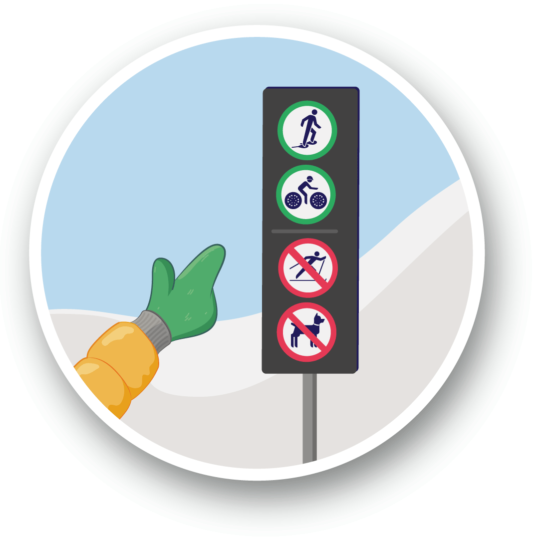 llustration d'une personne pointant un panneau réglementaire indiquant que la raquette et le vélo d'hiver sont permis, tandis que le ski de fond et la promenade de chien sont interdits.