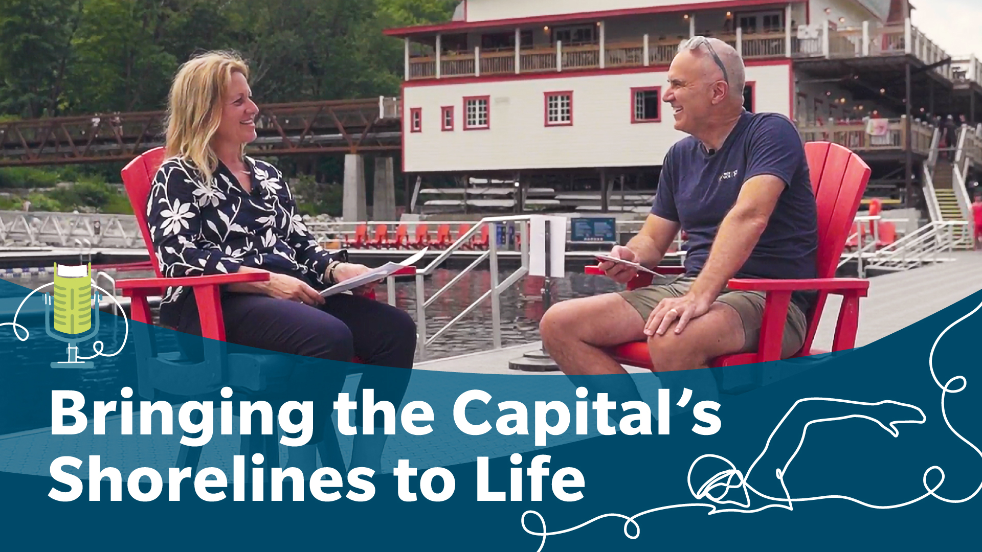 Photo of Tobi Nussbaum sitting with guests on the dock at the NCC River House - over the image is an illustration of a free-standing podcast microphone shaped like a book, with its cable artistically forming the shape of a swimmer.