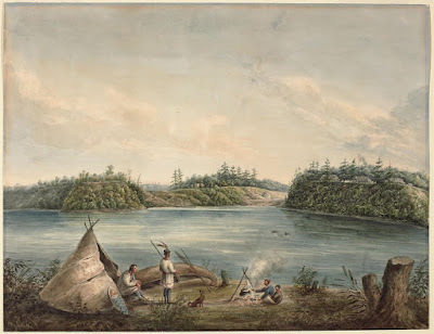 Oeuvre de Henry Pooley qui illustre un campement saisonnier algonquin près de la pointe Kìwekì.