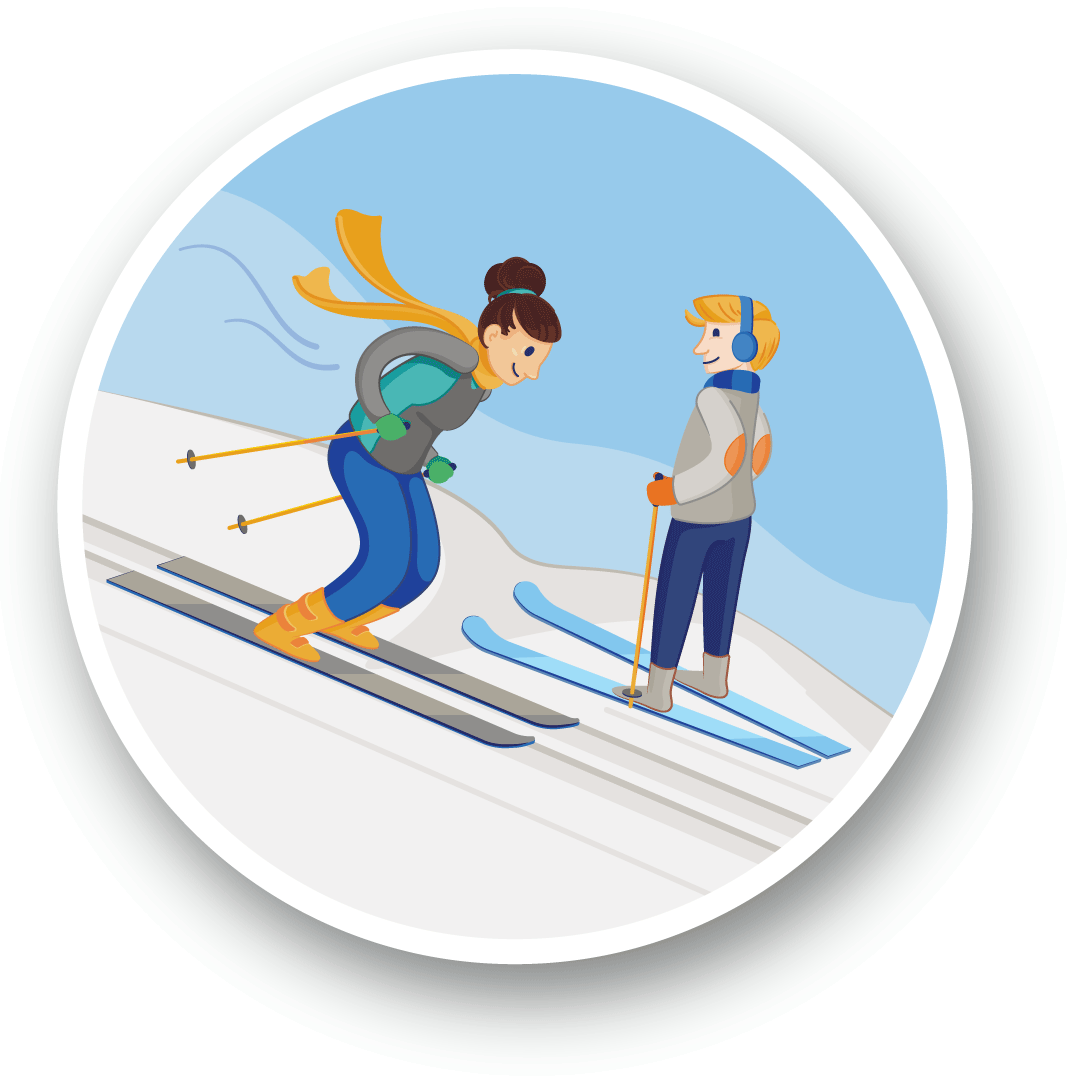 Illustration d'une personne en ski sortie à droite de la piste pour laisser passer une personne descendant le sentier.