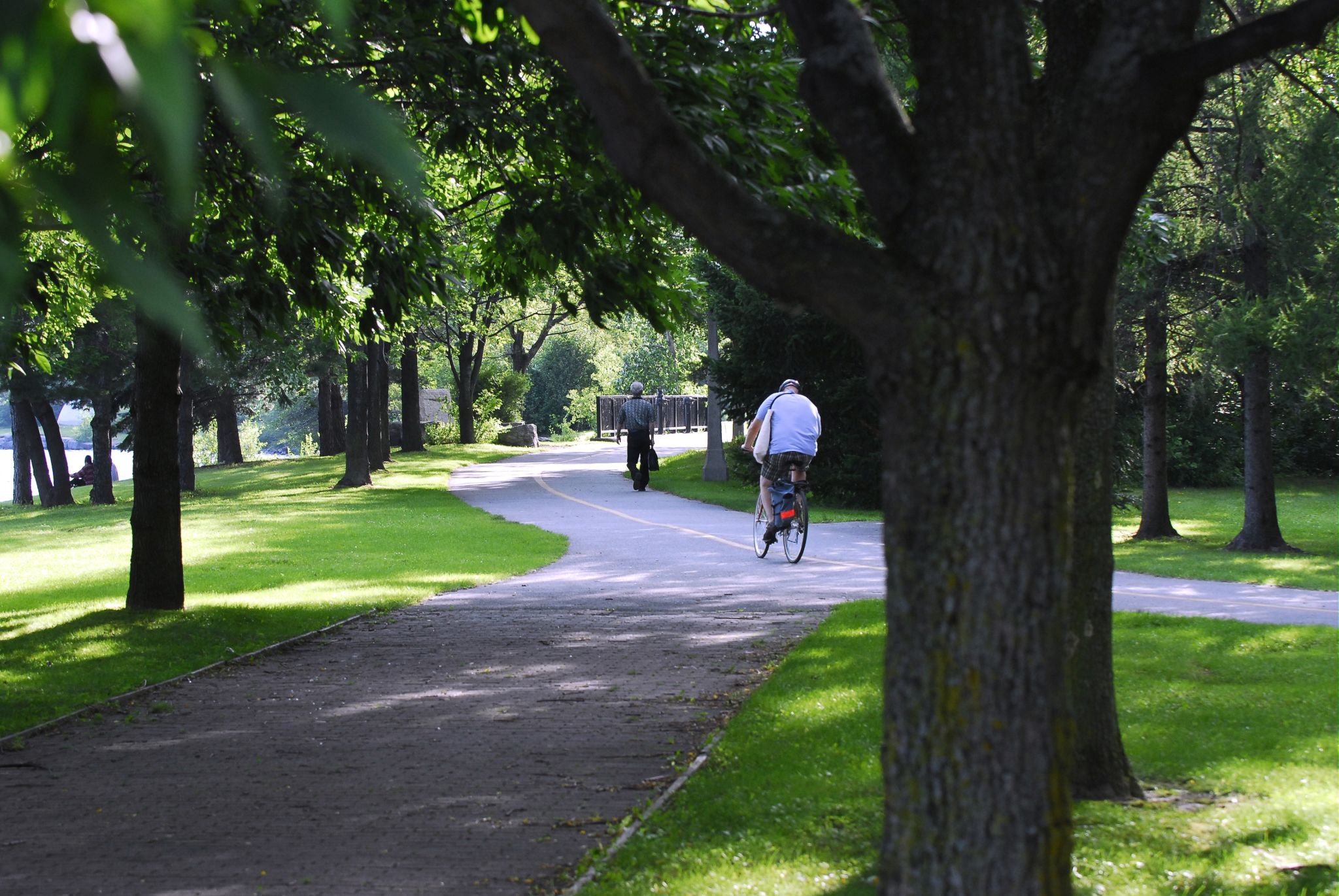 Cyclistes et piétons sur le sentier qui traverse le parc des Portageurs, en été.
